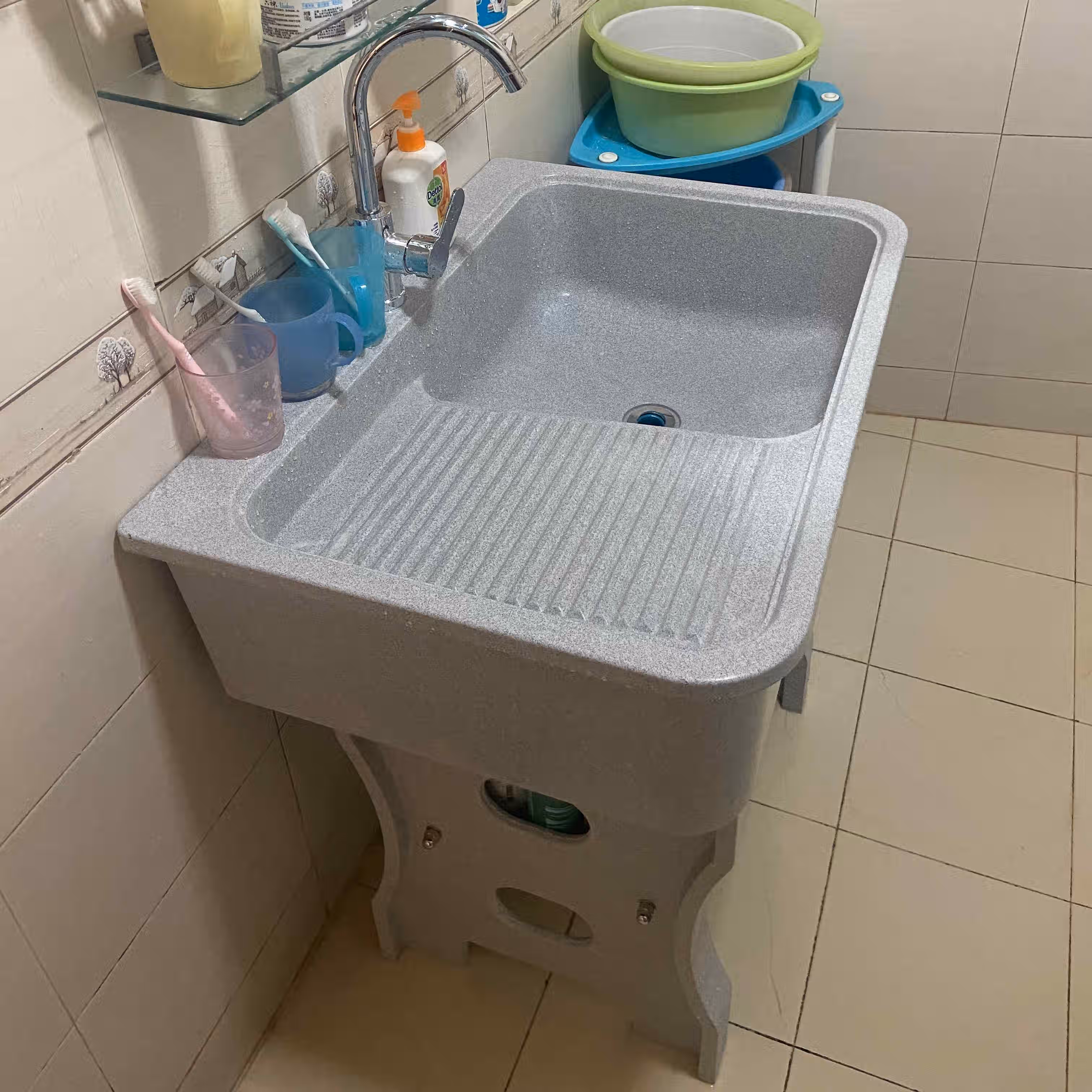 带搓板石头洗衣盆一体成型水池户外庭院水槽 【水泥灰】60cm无挡款