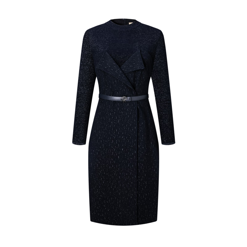 PORTS寶姿秋冬新品女裝縫制針織長(cháng)袖中長(cháng)連衣裙LL9N075LCF059 丈青混色 L (8)