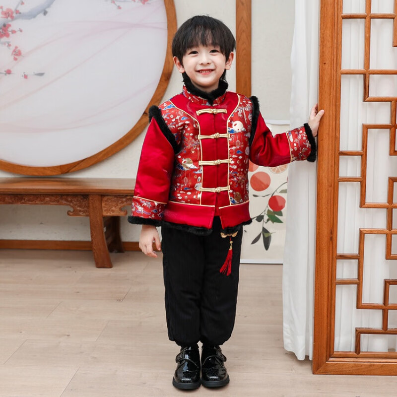 圆圆米米男童拜年服唐装男宝宝周岁礼服儿童兔年童装中国风汉服过年