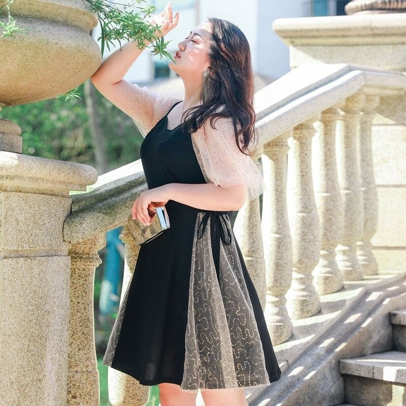 拓猴(tuohou)热天穿遮肚子胖少妇裙子微胖女人2023新款胖mm雪纺连衣裙