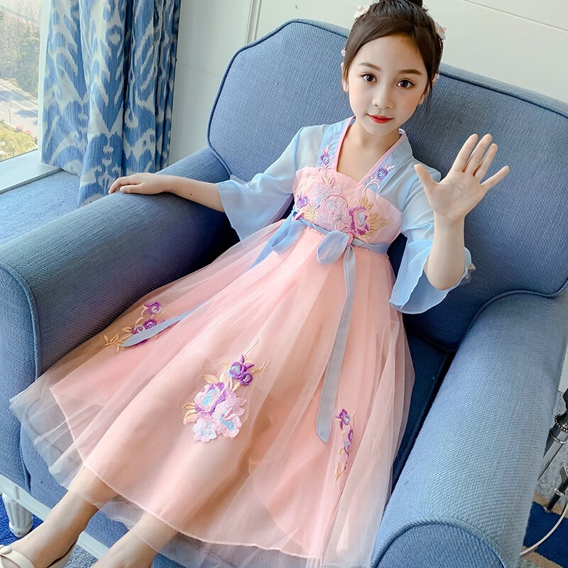 儿童汉服女童夏装中国风童装唐装超仙连衣裙12岁女孩抖音襦裙古装  粉红色 130
