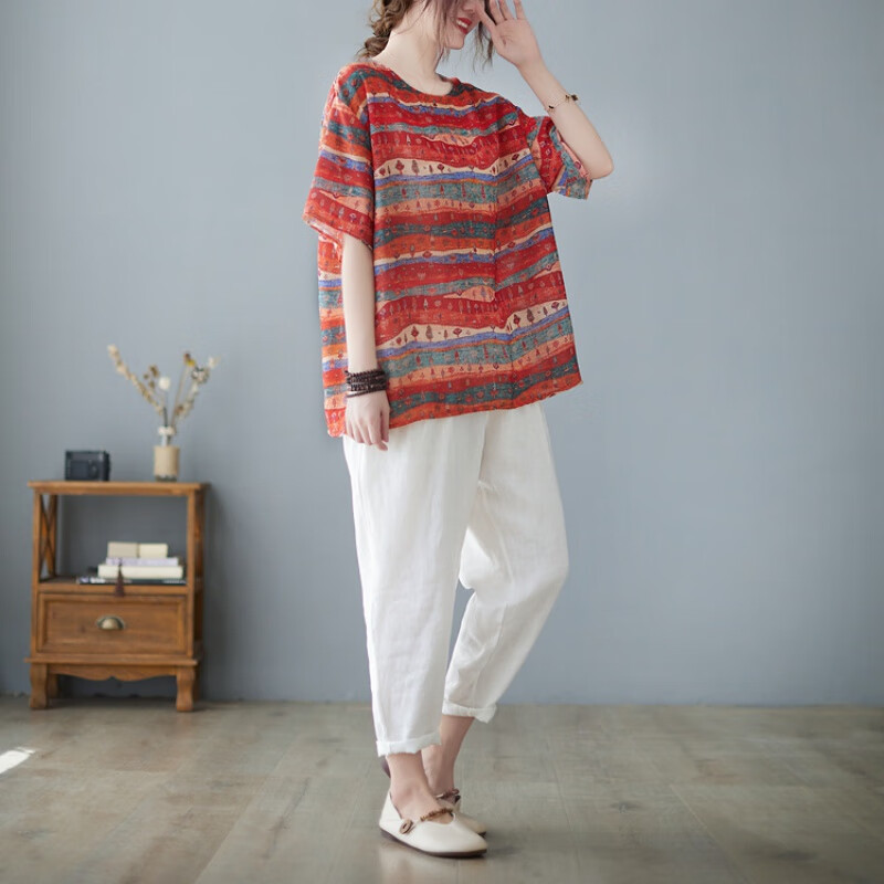 简当夏新款胖MM大码女装文艺气质显瘦胖女人短袖T恤上衣1520 红条纹 大码均码【120-180斤】