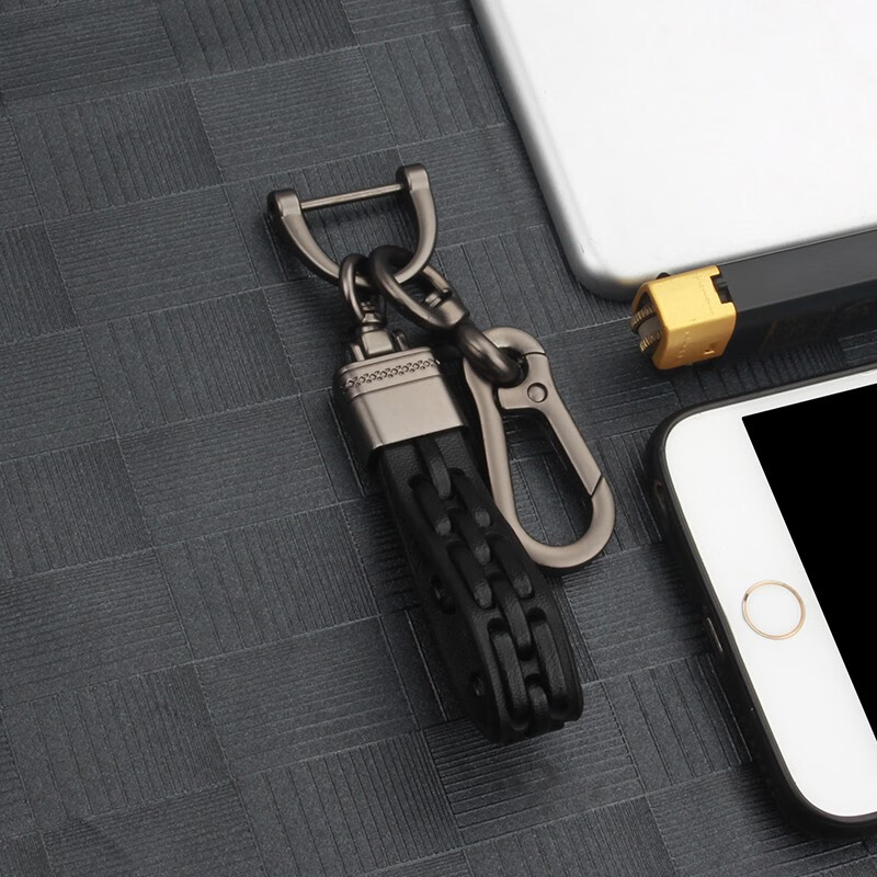 车用编织真皮创意钥匙扣 腰挂简约钥匙链挂件 男士 枪色 黑色皮绳