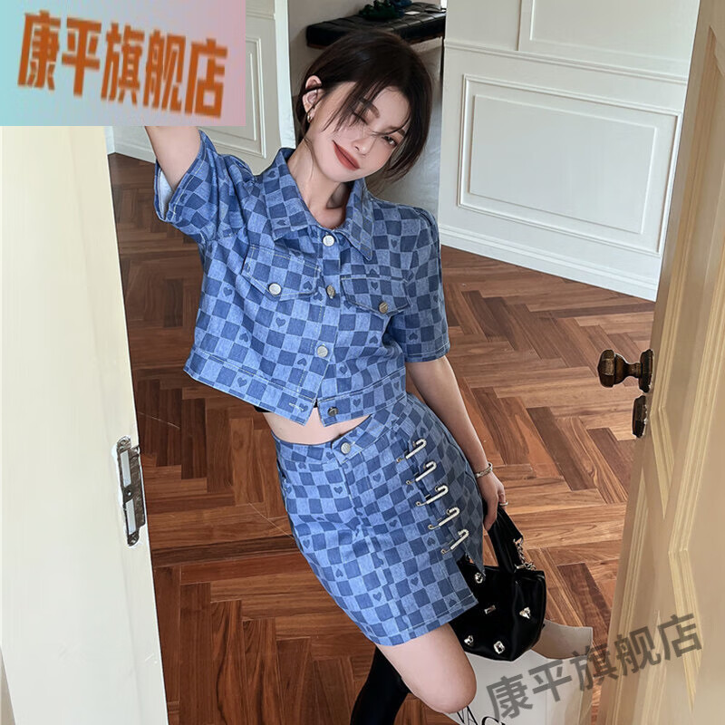 簘蕥小香风法式裙子时尚感小香风套装女辣妹短袖上衣2022季新款蓝色高