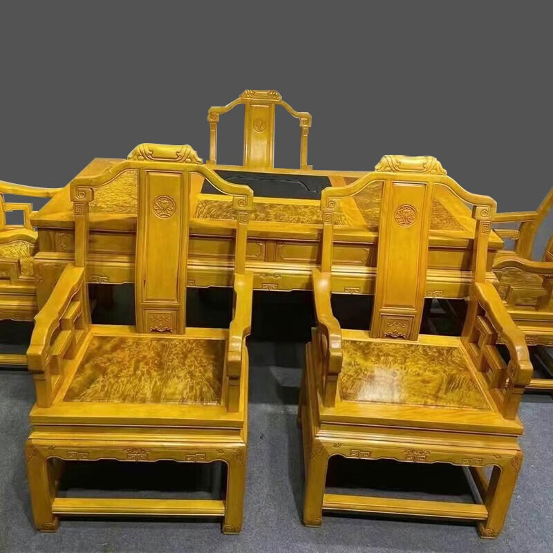 红善缅甸黄金樟茶桌实木茶台椅七件套家居实用茶室休闲桌赠烧水壶