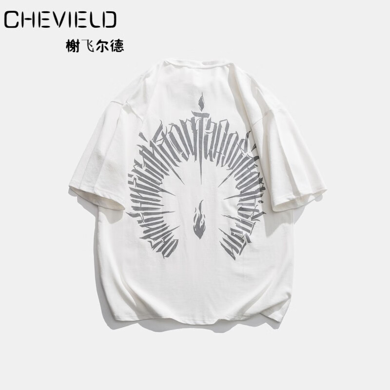 道夏季新款潮流后背火焰字母印花短袖t恤男圆领宽松五分袖上衣 白色 l