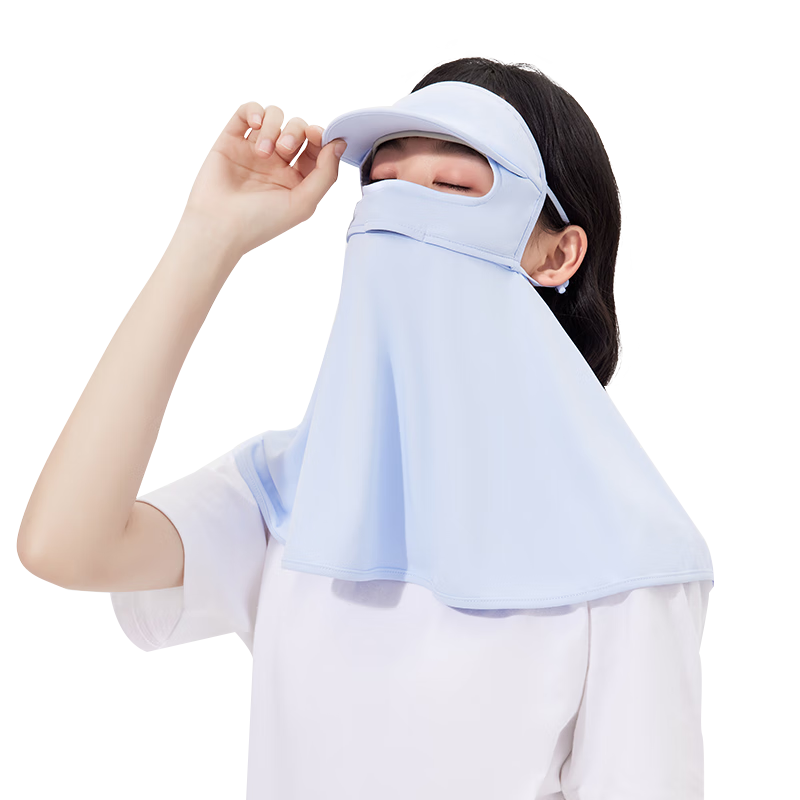 OhSunny帽檐防曬面罩女防紫外線夏季全臉透氣加長護頸護肩 薄霧藍