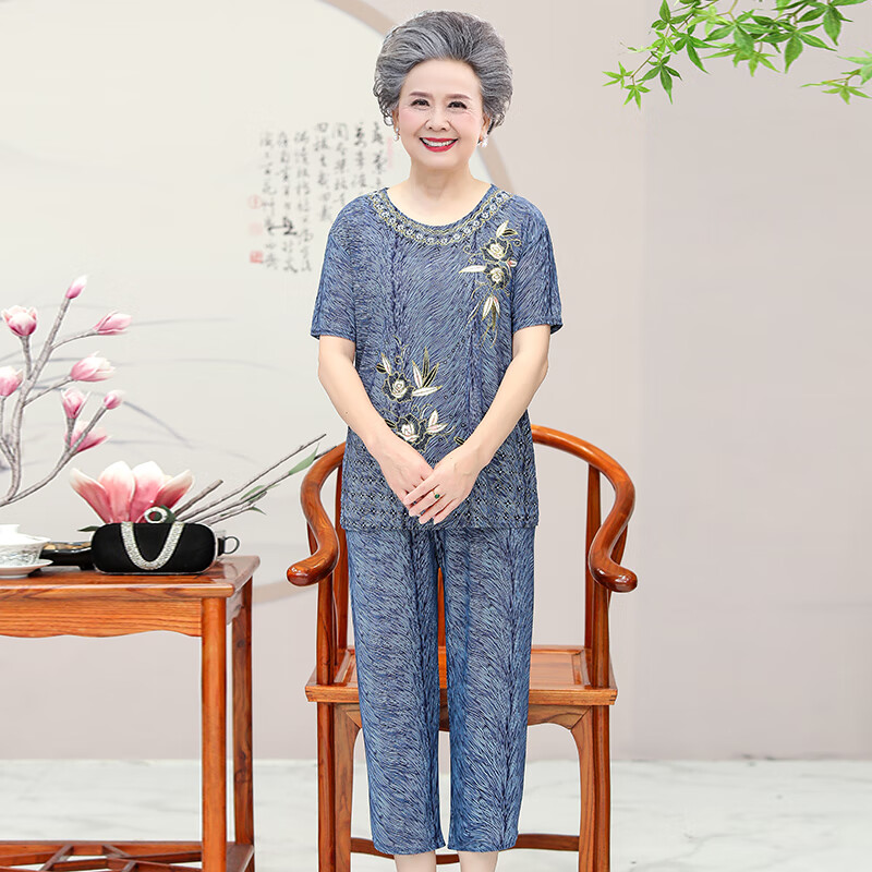 加肥加大夏天套装大码特大号老人家衣服冰丝上中年妇女短袖中老年显瘦