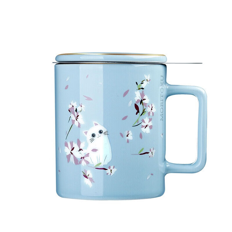 MORITOKU马克杯350毫升咖啡茶水分离水杯子男女礼物带茶漏MTCCP-04猫咪-蓝