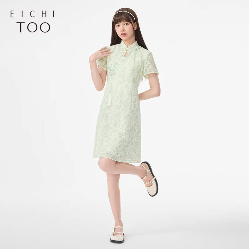 爱居兔夏季新款新中式优雅气质旗袍款短袖连衣裙EQLBJ2N084A 浅绿花纹85 160/84A/M
