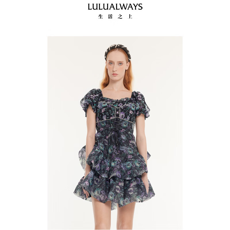 LULUALWAYS我爱露露25夏季新款宫廷风重工欧根纱印花蓬蓬裙连衣裙 黑色 M