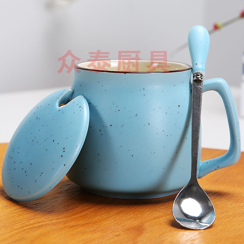 早餐杯陶瓷杯带盖勺马克杯子创意牛奶杯情侣简约水杯办公室咖啡杯 满天星蓝 早餐杯+单杯