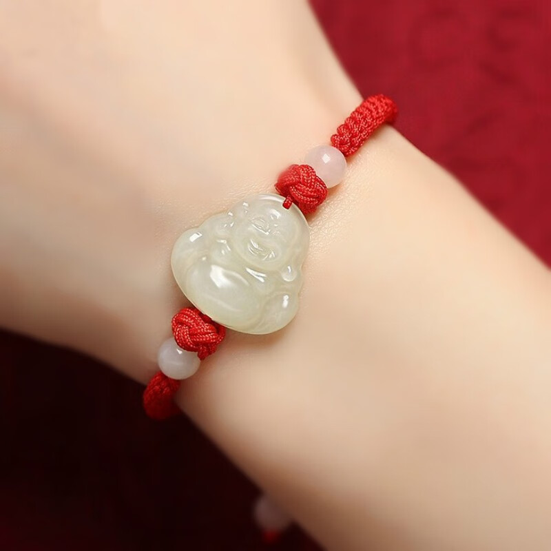 静汝玉和田玉手链弥勒佛公手链红绳编织笑佛头手串黑绳玉手串520礼物