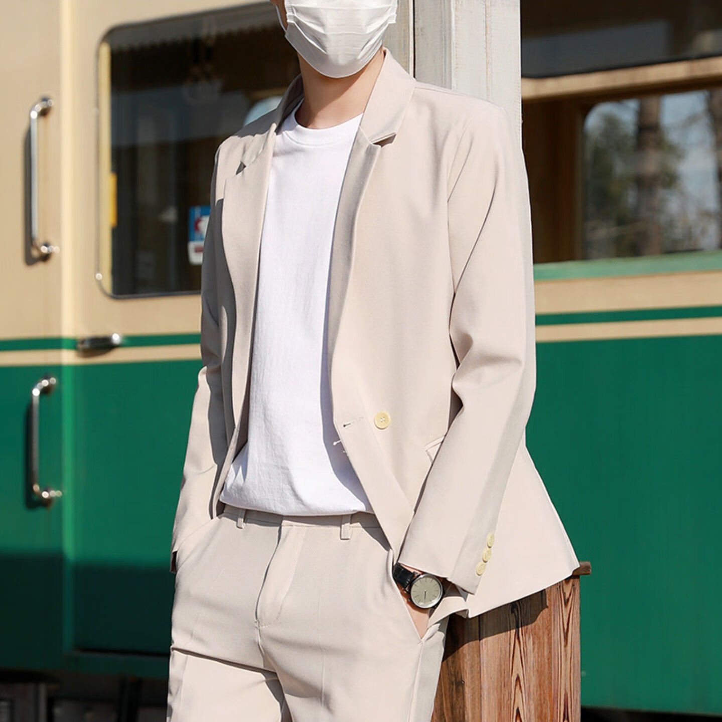 矮个子小码西装男韩版潮流痞帅小西服休闲时尚士正装高 杏色单件西服