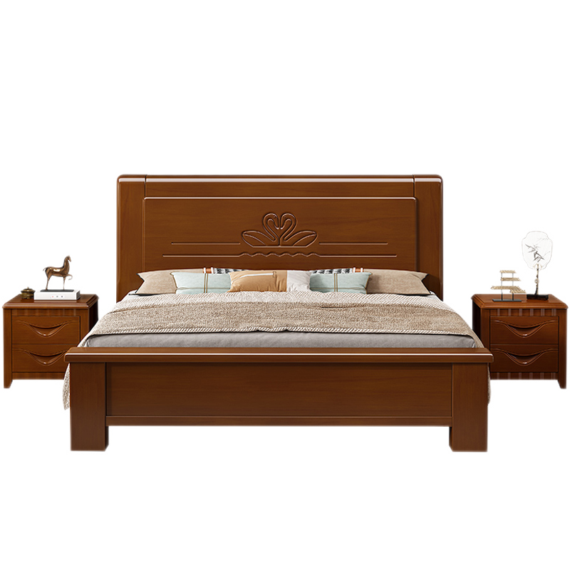 优卡吉 中式实木床橡胶木现代简约主卧室原木家具双人床 YSY-8805 1.5/1.8米框架床+20cm乳胶床垫+床头柜*1