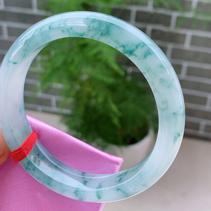 禧凤楼缅甸老坑a货冰种飘绿花正圈手镯54圈口女士玉石镯子女士手镯 54