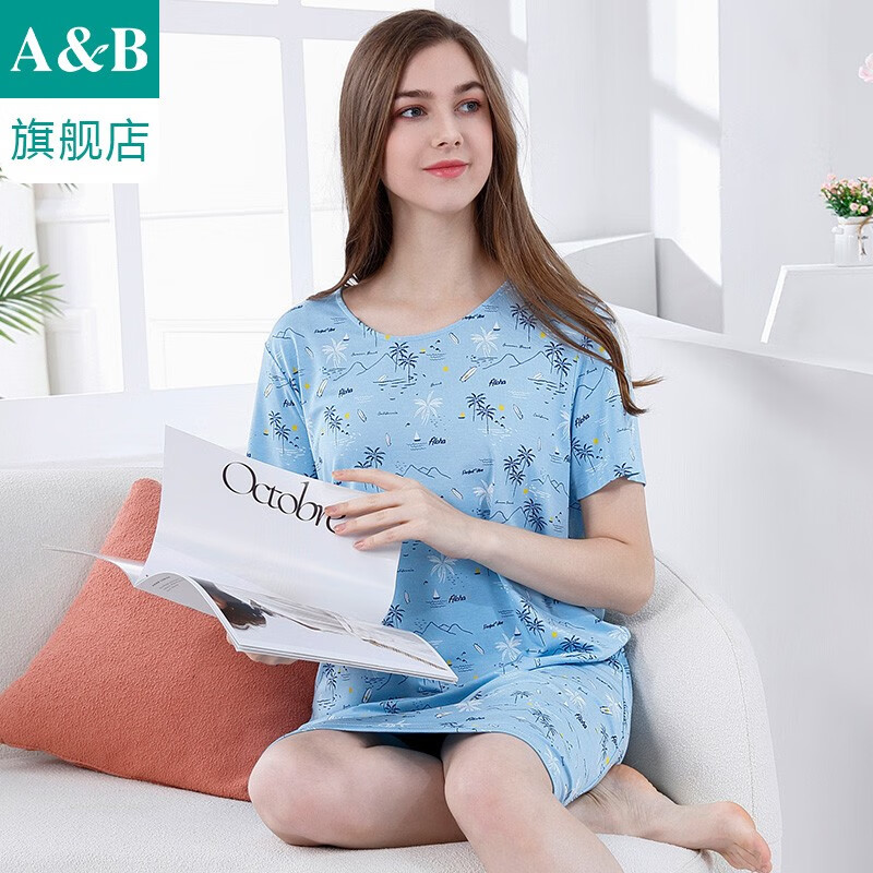 abab内衣女士睡裙薄款印花宽松显瘦圆领短袖弹力舒适居家裙xt23 冰晶