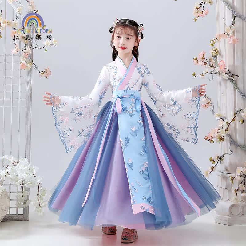 儿童汉服女童秋季古风连衣裙中国风女孩唐装中秋节裙子 蓝色 120怎么看?