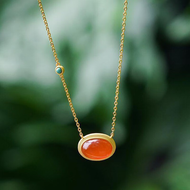 铭闽S925银红珐琅绿松石蛋面复古宫廷风项链玉石吊坠女士款饰品精美 蛋面项链（45+5CM金色链）