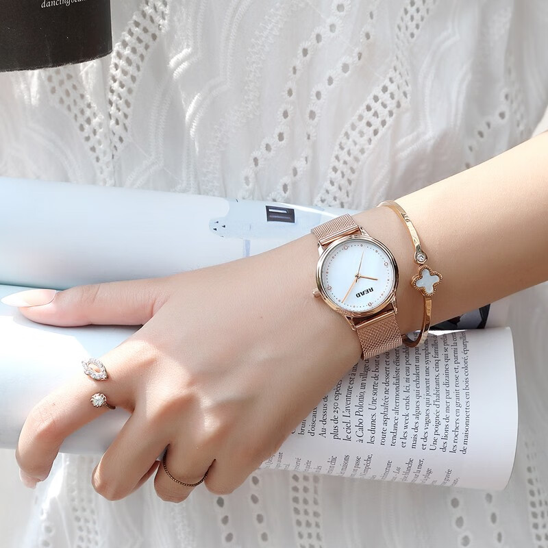 read锐力手表女精致清新小巧时尚贝母面镶钻表圈米兰网钢带石英女表