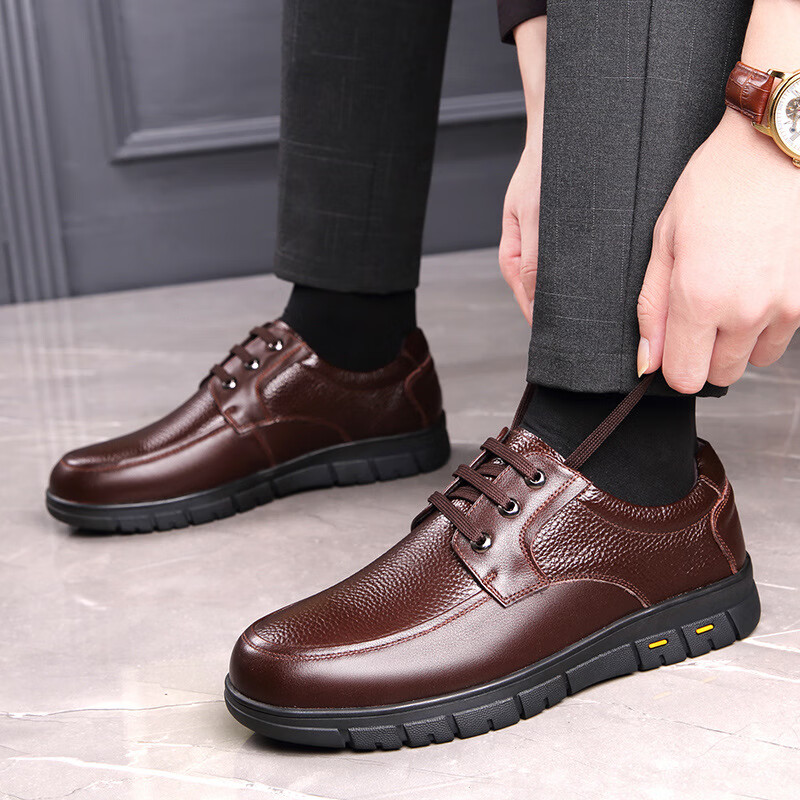 简梦伊休闲男士皮鞋圆头中老年男人系带防滑爸爸鞋男装四季鞋 深棕色