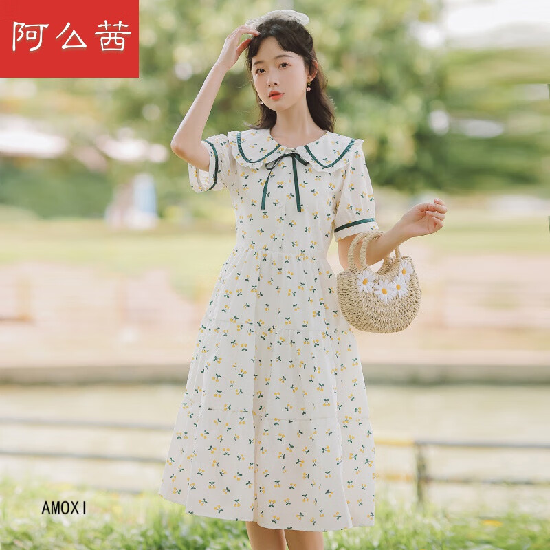 阿么茜碎花连衣裙少女夏装2022新款初中高中学生娃娃领学院风甜美长裙