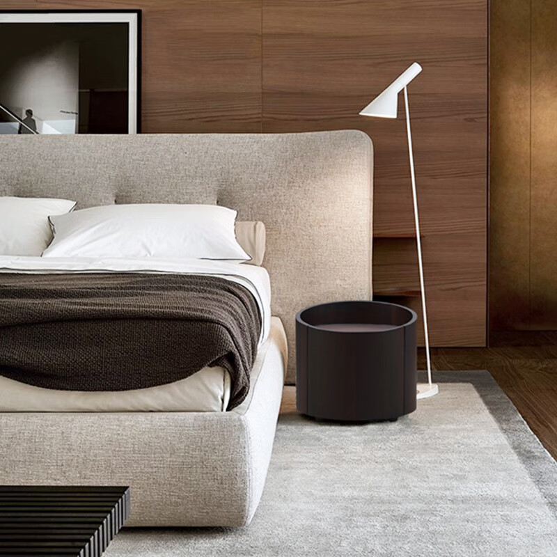 斯朴洛特意式极简约北欧现代卧室ins轻奢创意烟熏色实木圆形床头柜