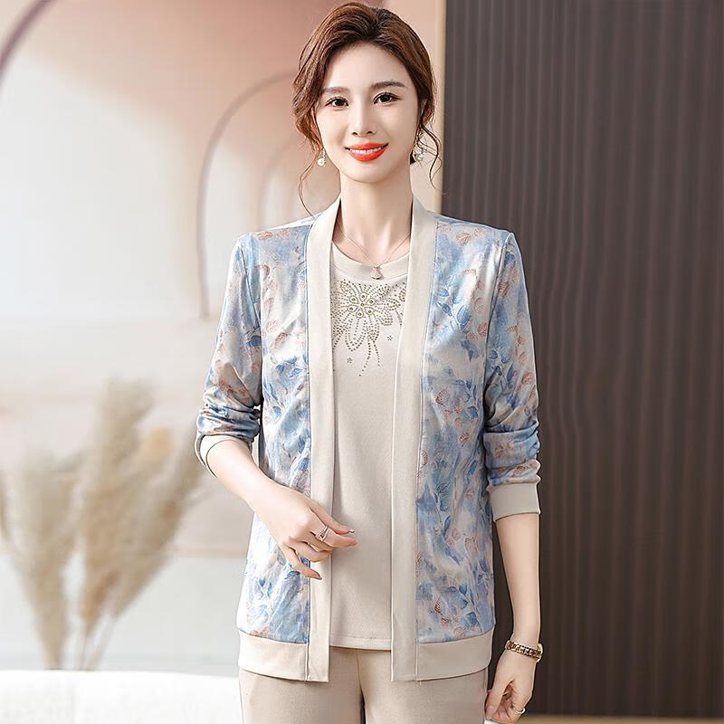mms)严选妈妈秋装2024新款两件套上衣洋气阔太太套装中老年女装针织衫