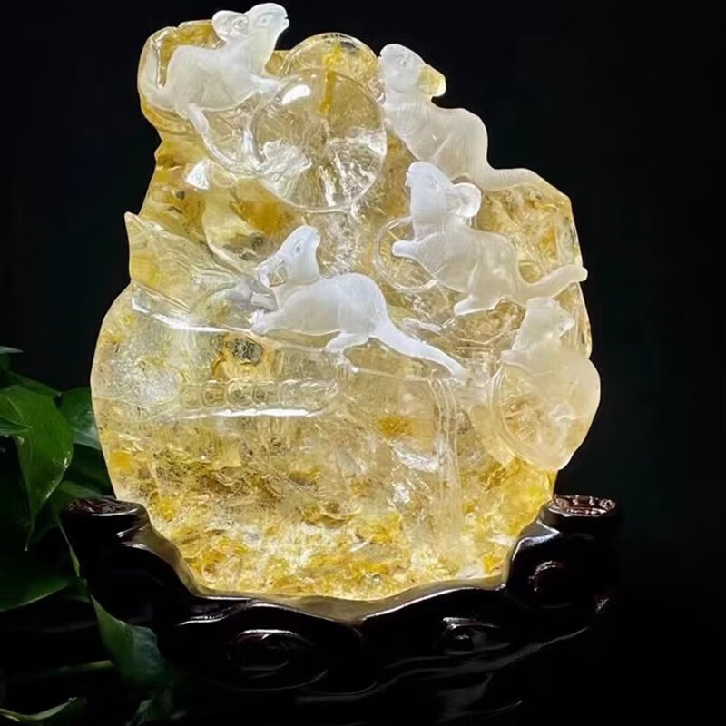 诺源天然原矿水晶摆件原石雕刻黄胶花白水晶老鼠摆件工艺精湛晶体通透