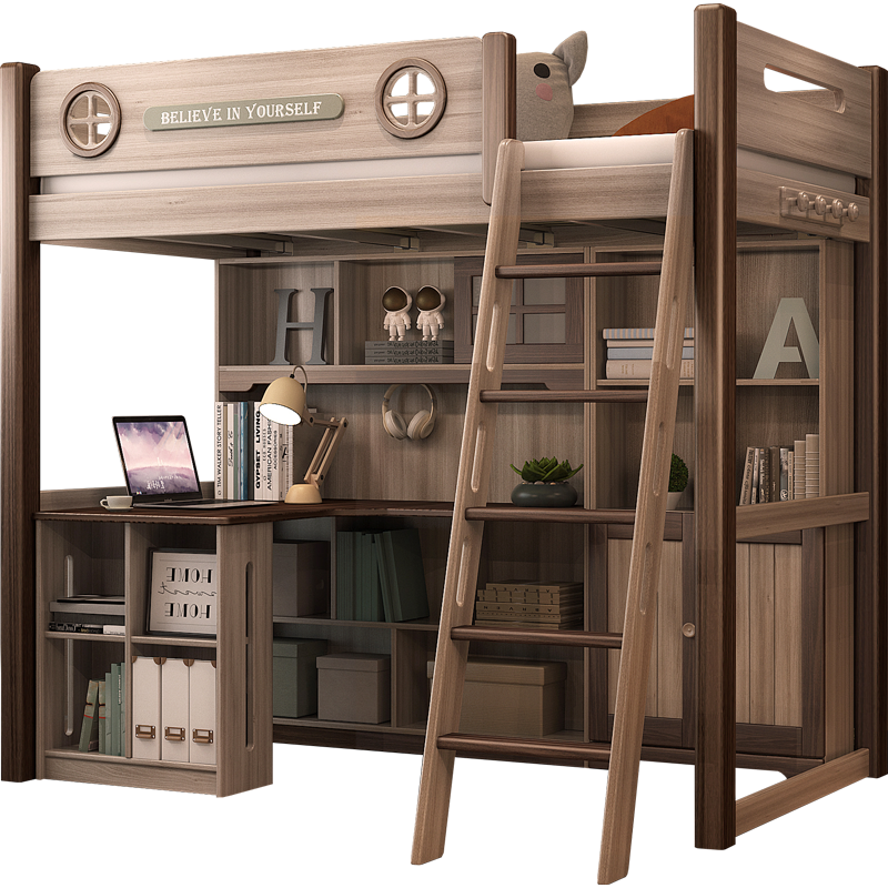 格杰 全实木儿童床上床下桌上下床高低床带书桌一体小户型省空间多功能组合床 木蜡油 床架+1.2米书桌+0.8书柜+爬梯 120*200cm