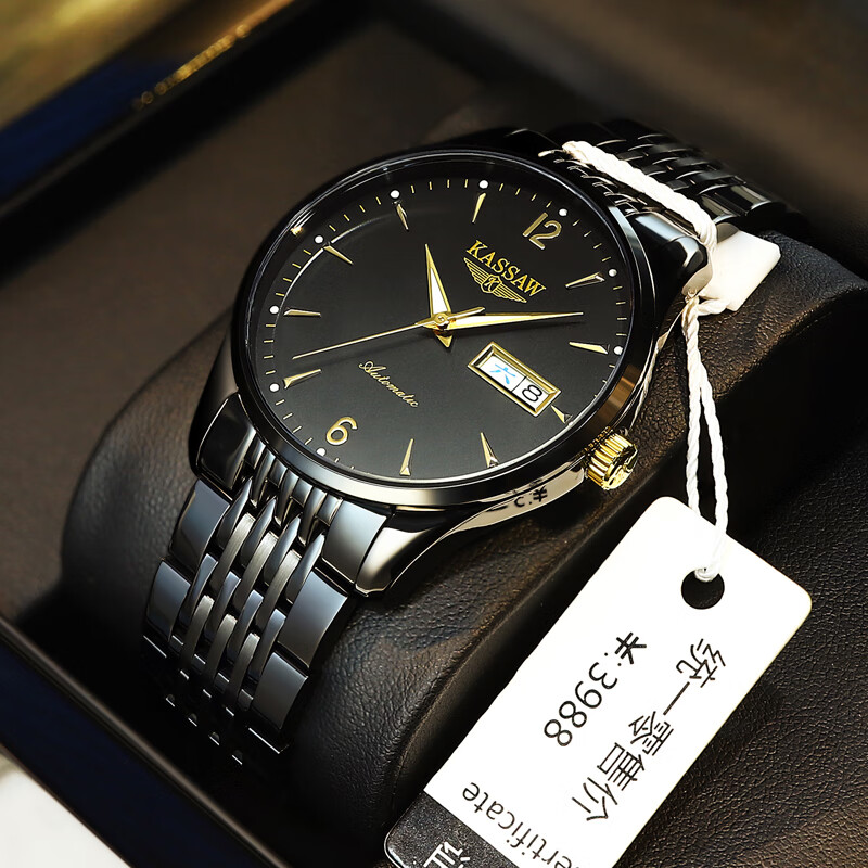 卡梭名表手表男女全自动机械表进口机芯防水夜光情侣手表 全黑金面