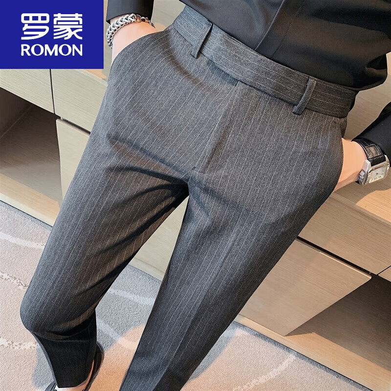 罗蒙romon品牌高档条纹休闲西裤男秋冬季感商务休闲那不勒斯休闲裤
