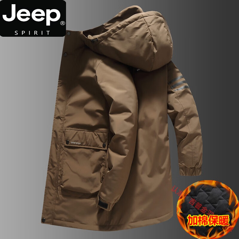 JEEP SPIRIT中长款大码男士风衣秋冬季潮胖子加绒加厚外套宽松工装夹·克薄棉 WN2336咖啡 加厚 XL