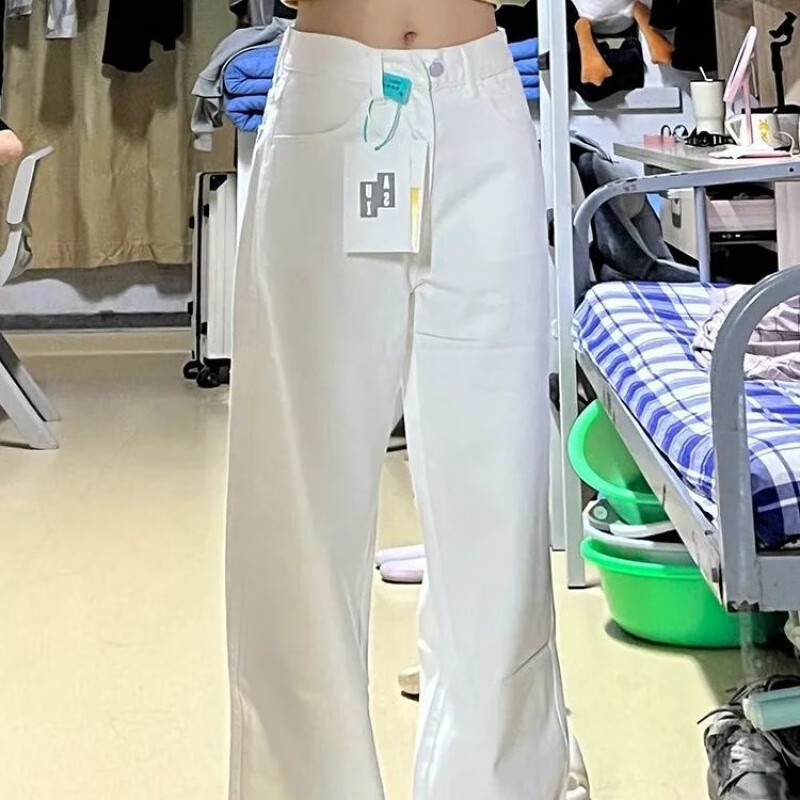 雷黛茜白色阔腿牛仔裤女春夏新款小个子感宽松垂感直筒拖地裤子 白色-九分裤 XS
