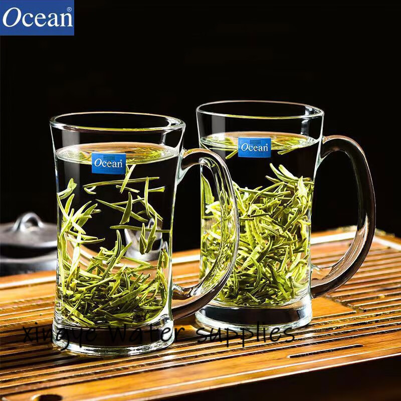 鸥欣进口玻璃茶杯耐热泡茶杯带把家用待客水杯加厚大容量茶杯喝绿茶杯 肯雅把杯320ml*6只+托盘
