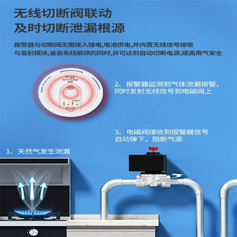立可安无线电池款天然气报警器家用厨房甲烷探测器天然气泄漏自动切断阀 电池款天然气报警器+无线电磁阀
