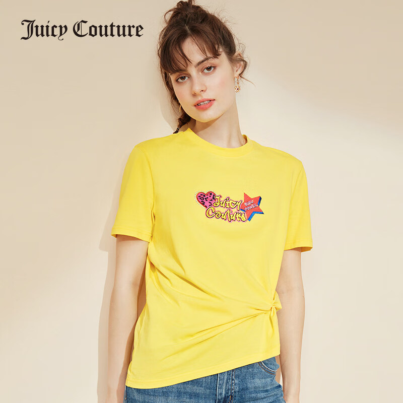 Juicy Couture橘滋爱心薄款纯棉休闲宽松直筒圆领短袖T恤女 柠檬黄 S