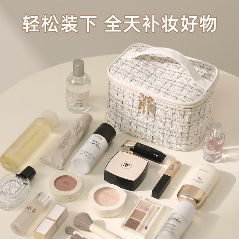 优品卫新款旅行化妆包小香风大容量高颜值手提化妆品收纳包超火多收纳袋 金丝格樱花粉