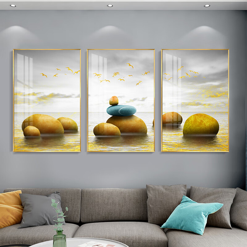 搜可 客厅装饰画现代简约轻奢沙发背景墙壁画晶瓷石来运转墙画三联