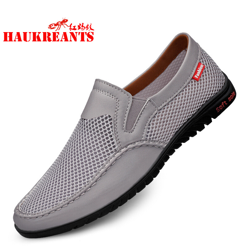 汉克红蚂蚁男鞋百搭夏季新款头层牛皮透气网面休闲皮鞋男软底防滑耐磨