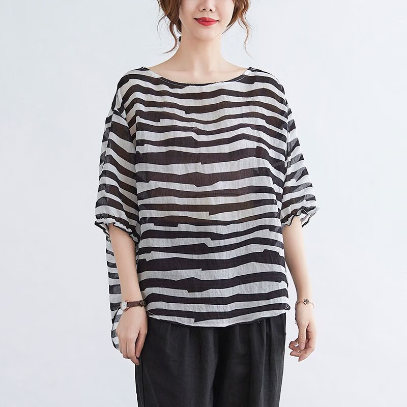 boku rooster遮肚子中长款显瘦蝙蝠袖大码棉麻条纹女夏季宽松后领系带