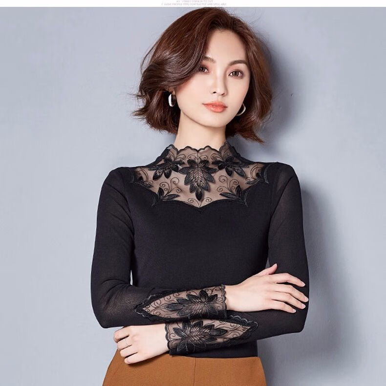 秋冬款加绒加厚保暖蕾丝女士雷丝打低衫加绒加厚蕾丝打底衫女长袖2022
