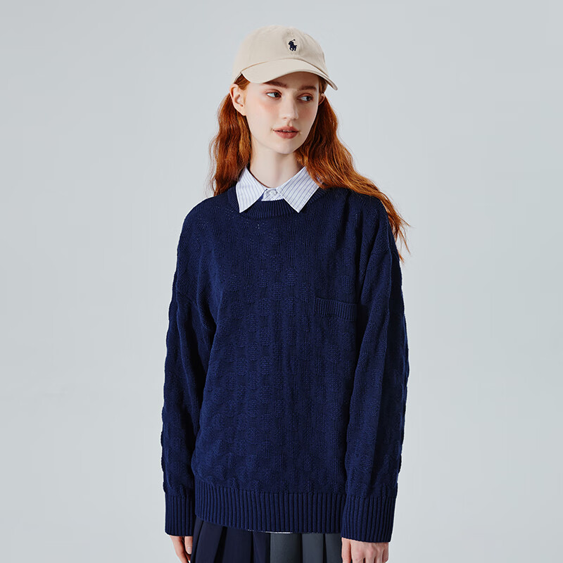 棉纱线芝麻底织法圆形纹理圆领毛衣男宽松打底针织衫 藏青蓝 navyblue