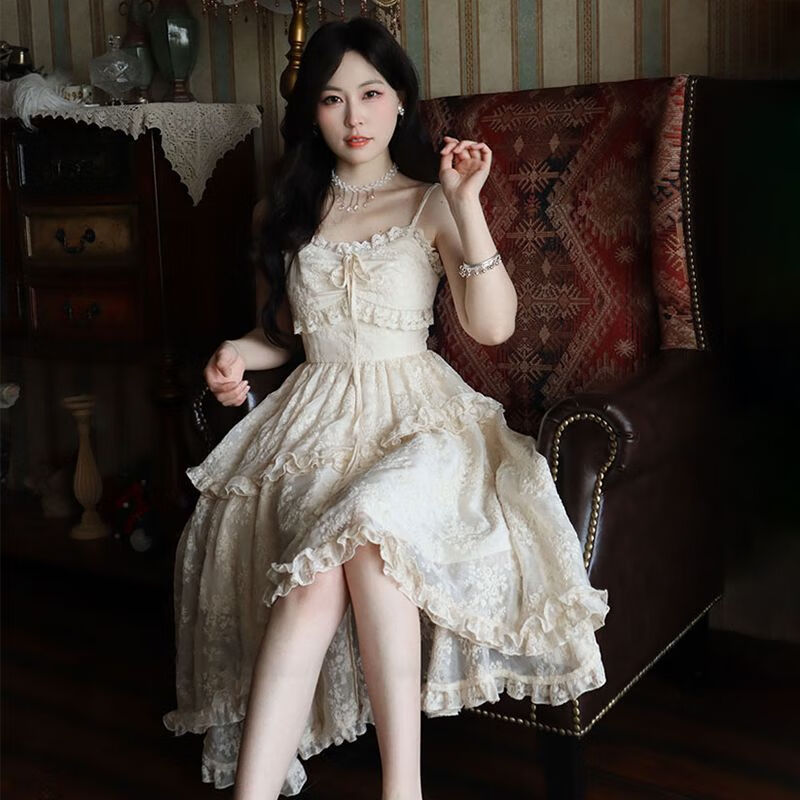 连衣裙纯欲夏天法式复古重工蕾丝甜美女小个子花边不规则吊带 白色 s