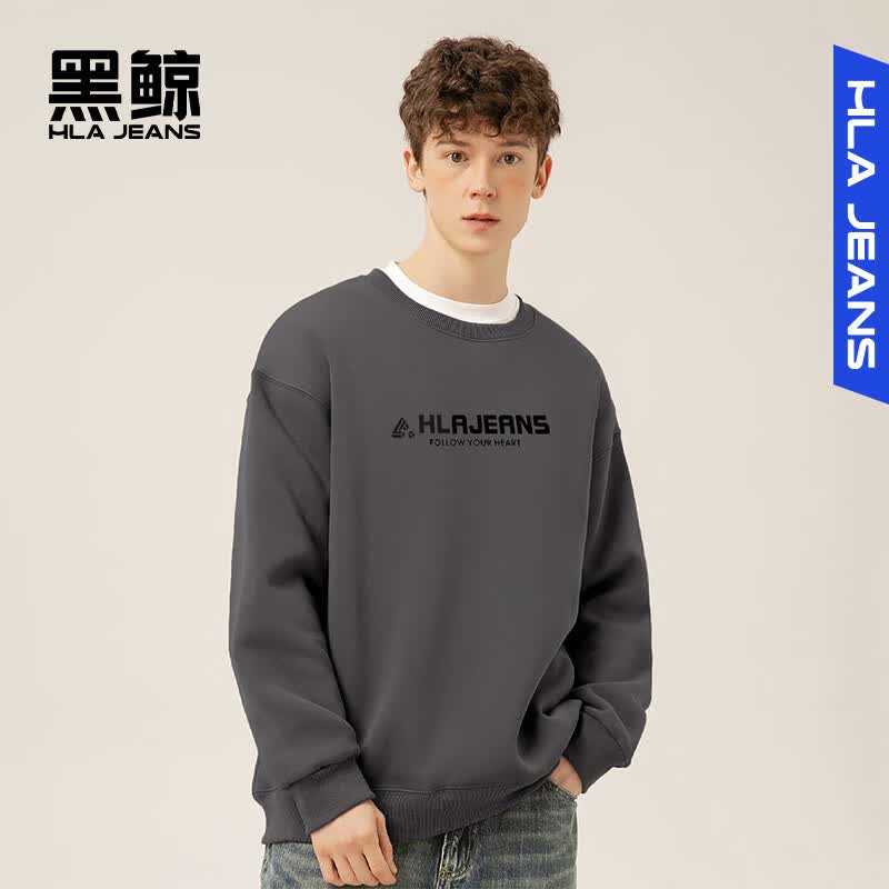 黑鲸海澜之家旗下潮牌加绒加厚卫衣男冬季保暖圆领长袖外套 深灰 XL
