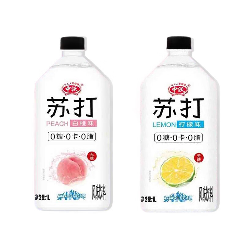 中沃(zhongwo)中沃苏打水蜜桃味柠檬味1l*12瓶装无糖弱碱性饮用水大瓶