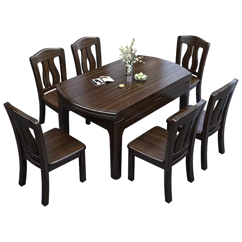 北尚（Sit Down）餐桌 紫金檀木实木餐桌椅组合可伸缩折叠新中式方圆两用吃饭桌子 实木餐桌+餐椅*6（送转盘） 1.35米