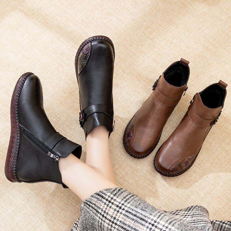 亲情夫人新款女鞋加绒棉鞋中老年冬季牛筋软底轻便短筒单靴保暖妈妈鞋