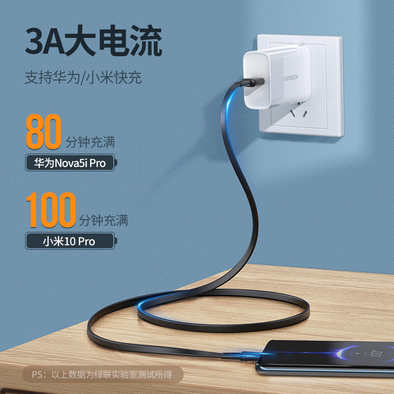 绿联Type-C数据线3A快充USB-C安卓手机充电线通用华为Mate40Pro/30/P20/小米10/9三星/OPPO/Vivo手机1米10972