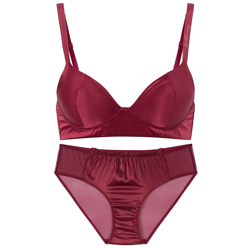 弗利少女法式内衣纯色缎面女士文胸本命红色小胸胸罩套装舒适无钢圈薄款新 波尔多红-套装 L (适合80A/B)